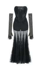 Calandra Gothic Glam Black Lace Corset & Sheer Maxi Skirt Set