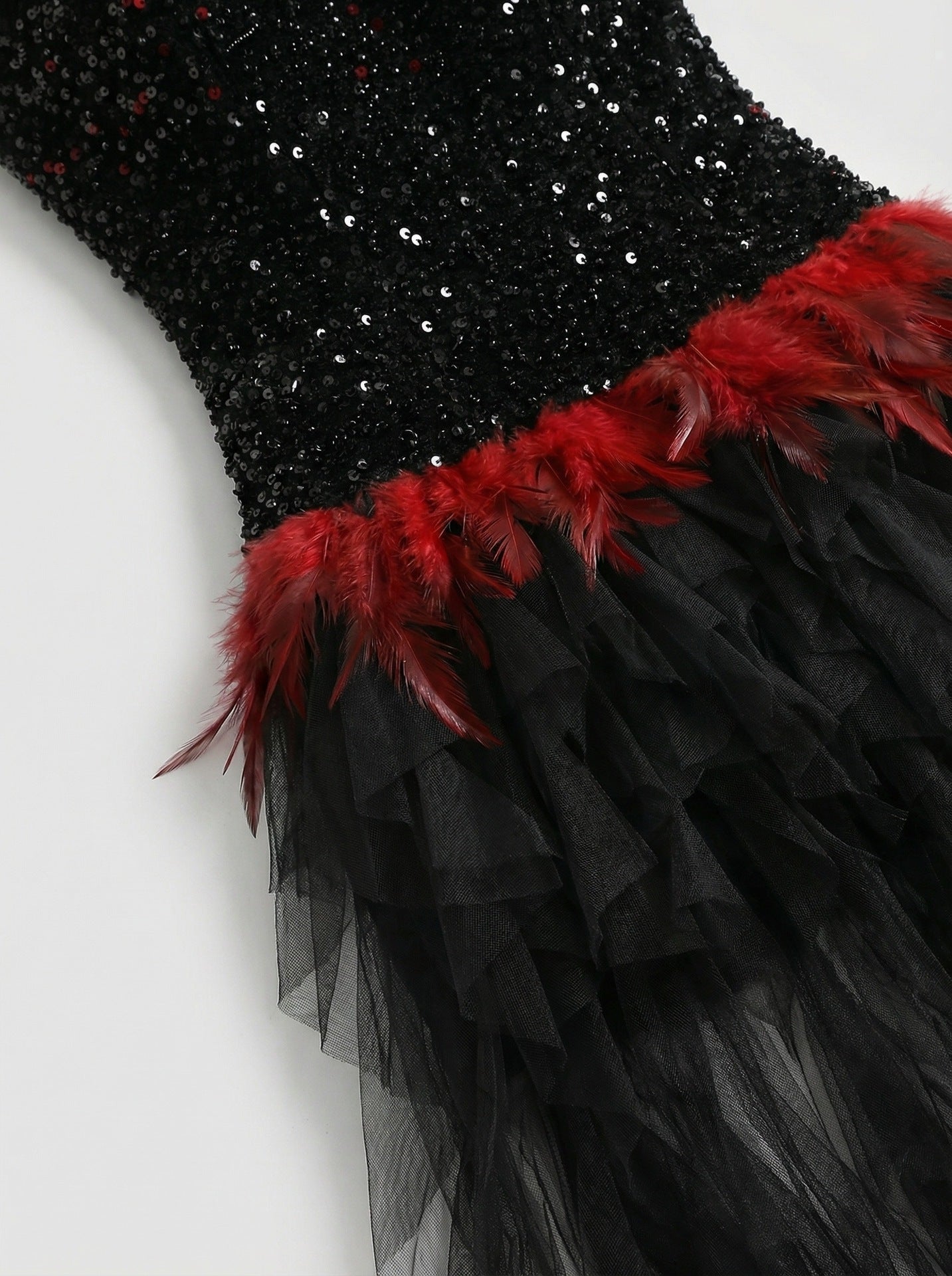 Jainna Black Sequin & Red Feather Strapless Mesh Maxi Gown