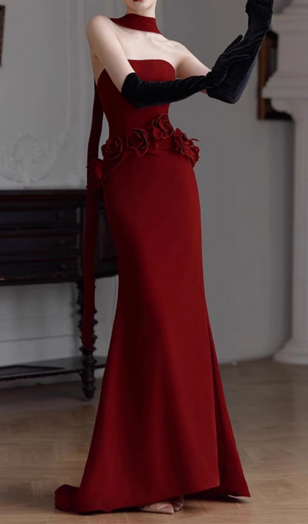 Edena Crimson Rose Strapless Evening Gown