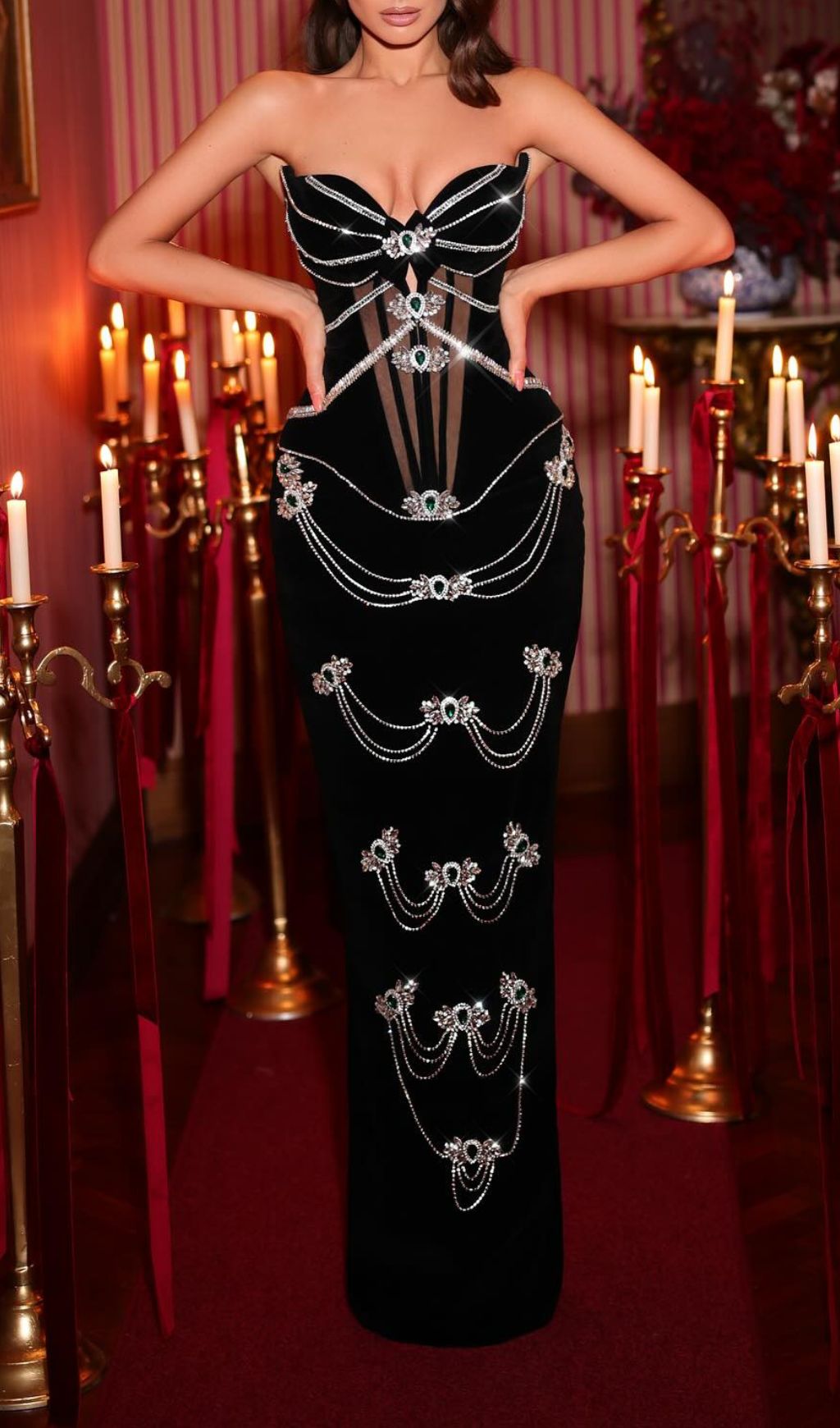 Fatima Black Emerald & Crystal Embellished Strapless Maxi Gown