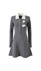Hlio Chic Grey Knit Sweater Mini Dress with Peter Pan Collar