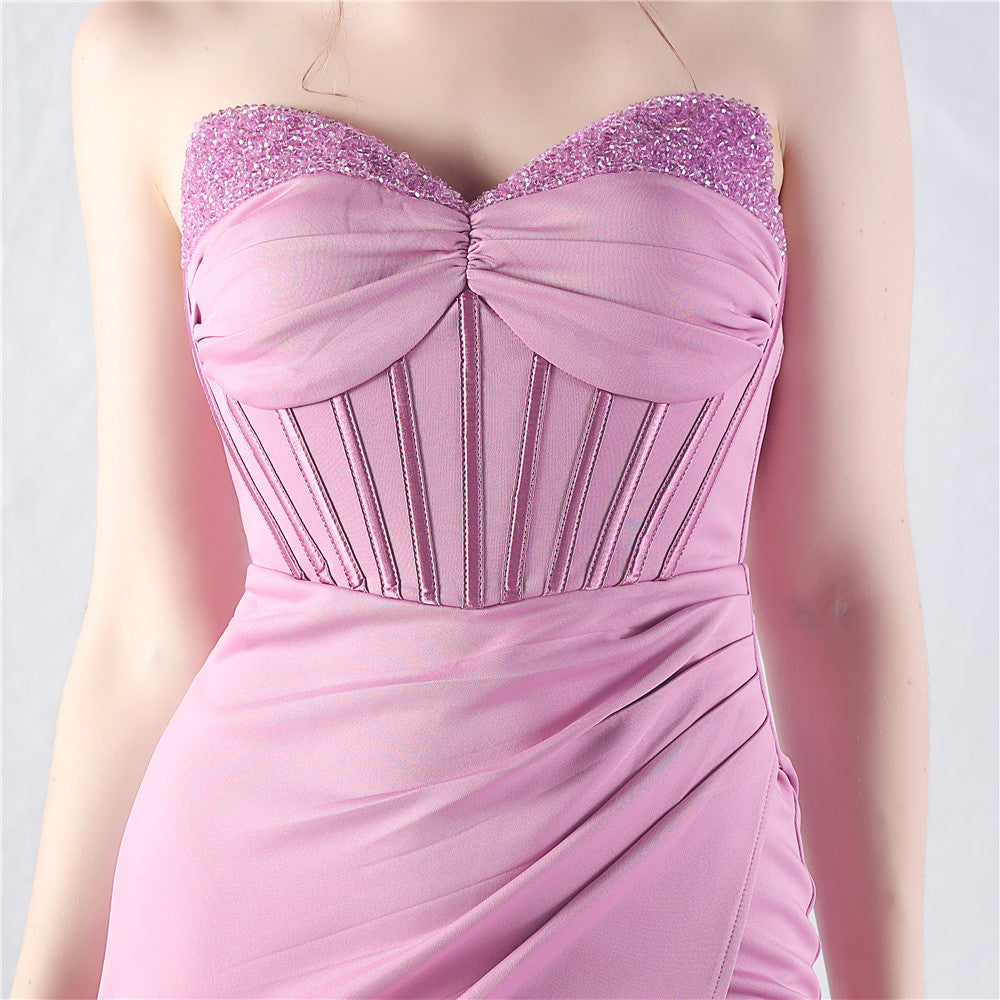 Chizue Elegant Purple Strapless Corset Maxi Dress with High Slit