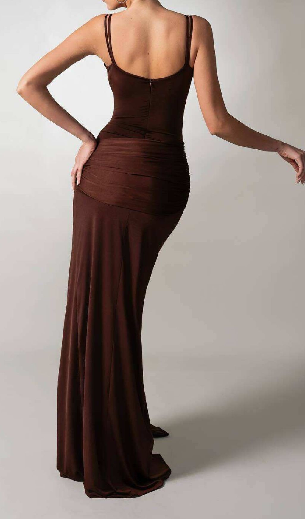 Grazina Elegant Coffee Ruched Maxi Dress