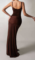 Grazina Elegant Coffee Ruched Maxi Dress