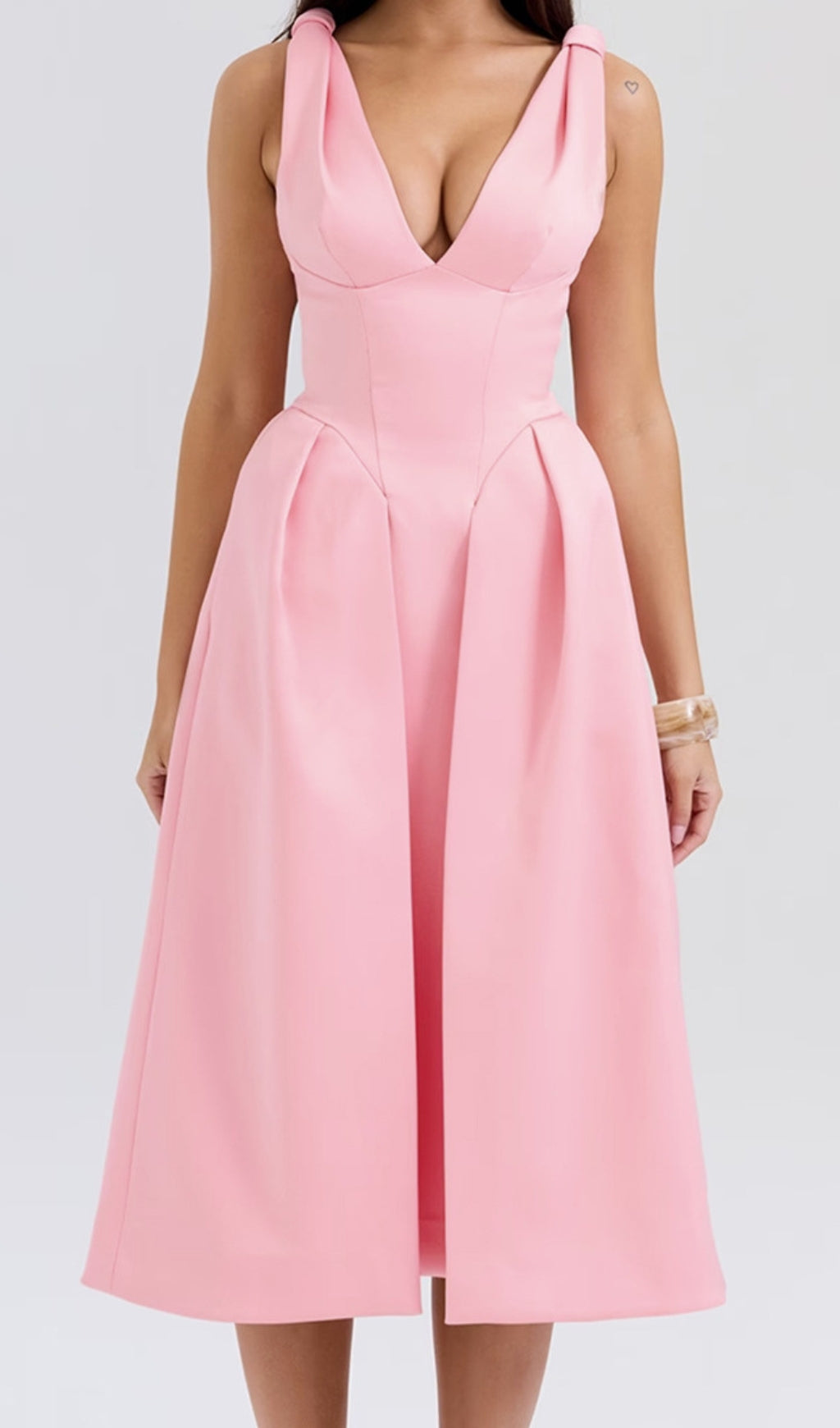 Dilanne Pink V-Neck Pleated Midi Dress