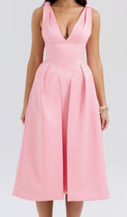 Dilanne Pink V-Neck Pleated Midi Dress