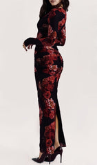 Chanda Elegant Rose Print Long Sleeve Ruched Maxi Dress