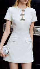 Chic Ivory Sparkle Bow Mini Dress