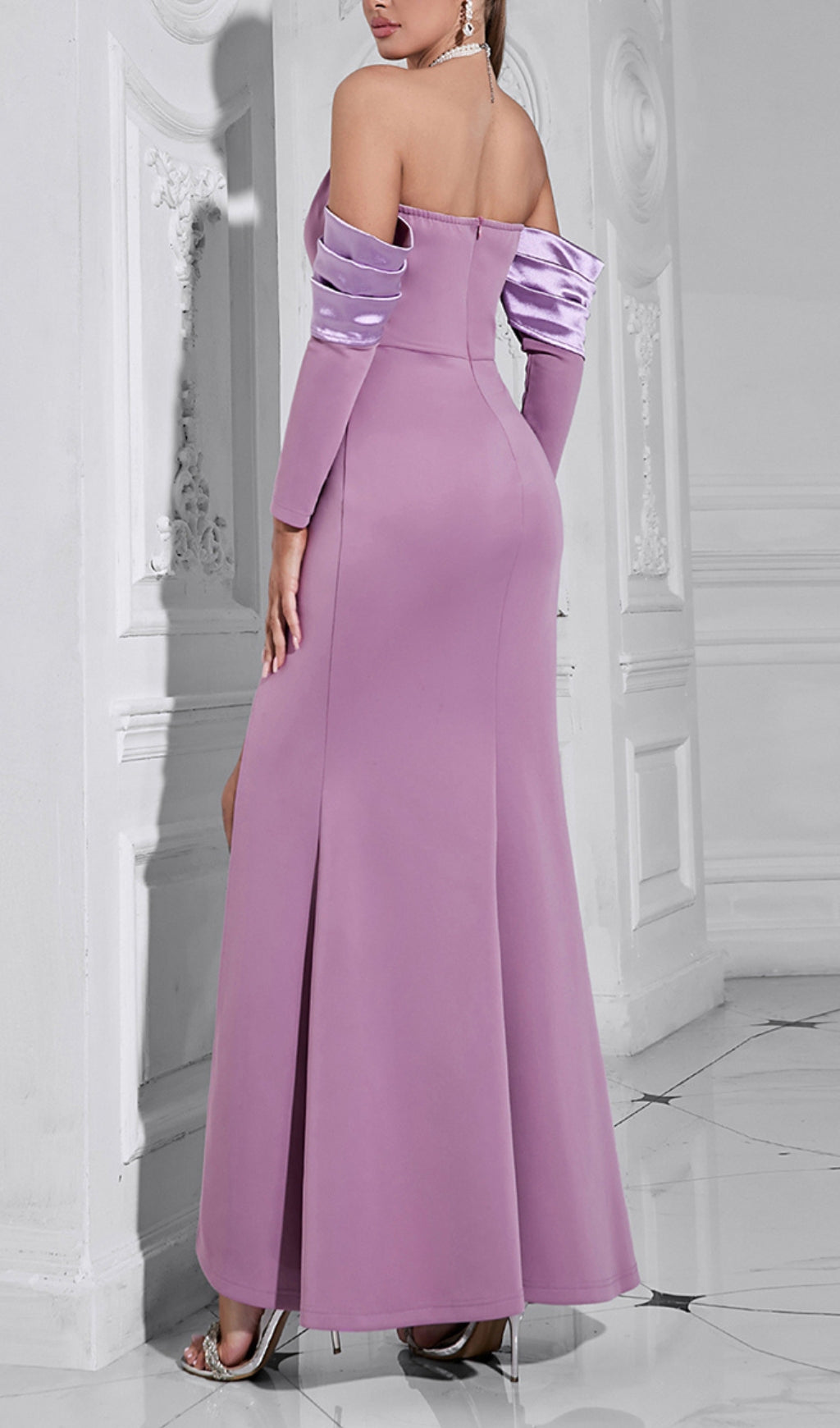 Elegant Lavender Orchid Halter Maxi Gown with Draped Off-Shoulder Sleeves & Pearl Embellishments