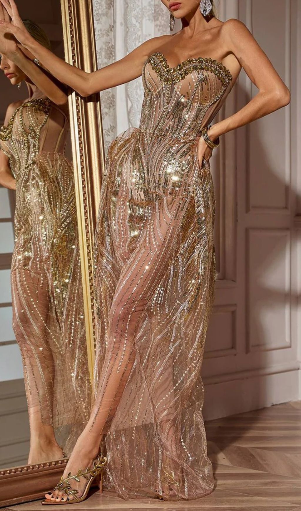 Calum Glamorous Gold Strapless Sequin & Rhinestone Evening Maxi Dress