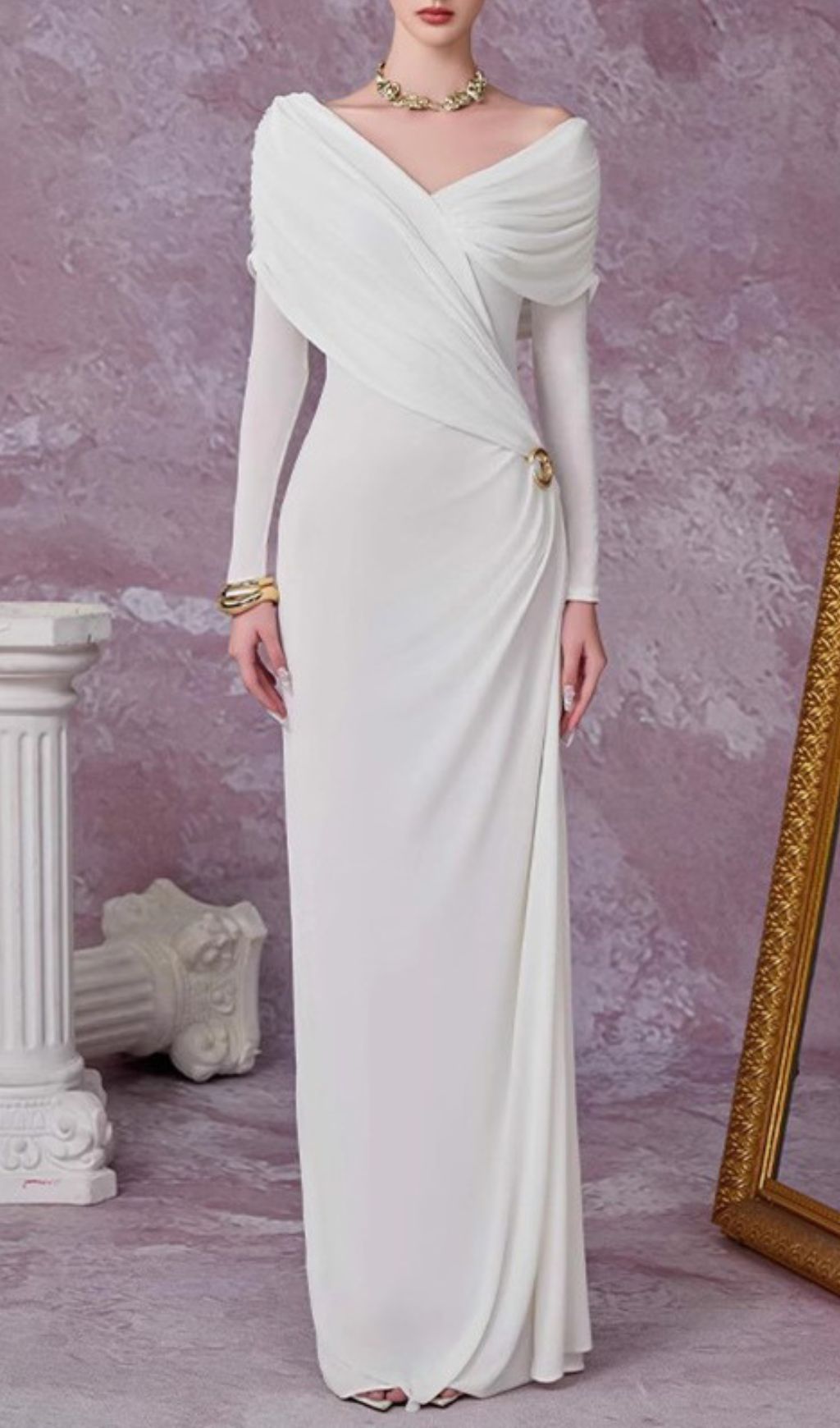 Goldy Elegance Draped Ruched Maxi Dress