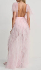 Elisana Pink Tulle Ruffle High-Low Maxi Dress