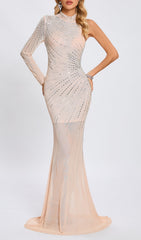Glamorous Nude Asymmetric Embellished Maxi Gown