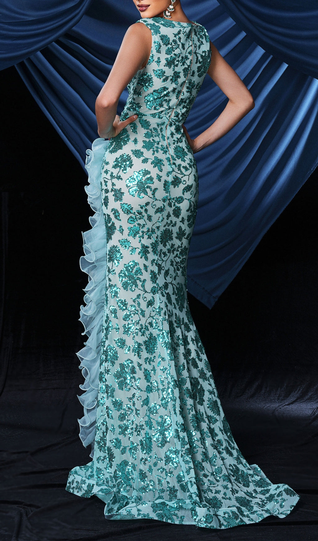 Brinda Sparkling V-Neck Sequin Ruffle Slit Maxi Dress