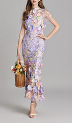Elegant Lavender Floral Appliqu Mesh Midi Dress