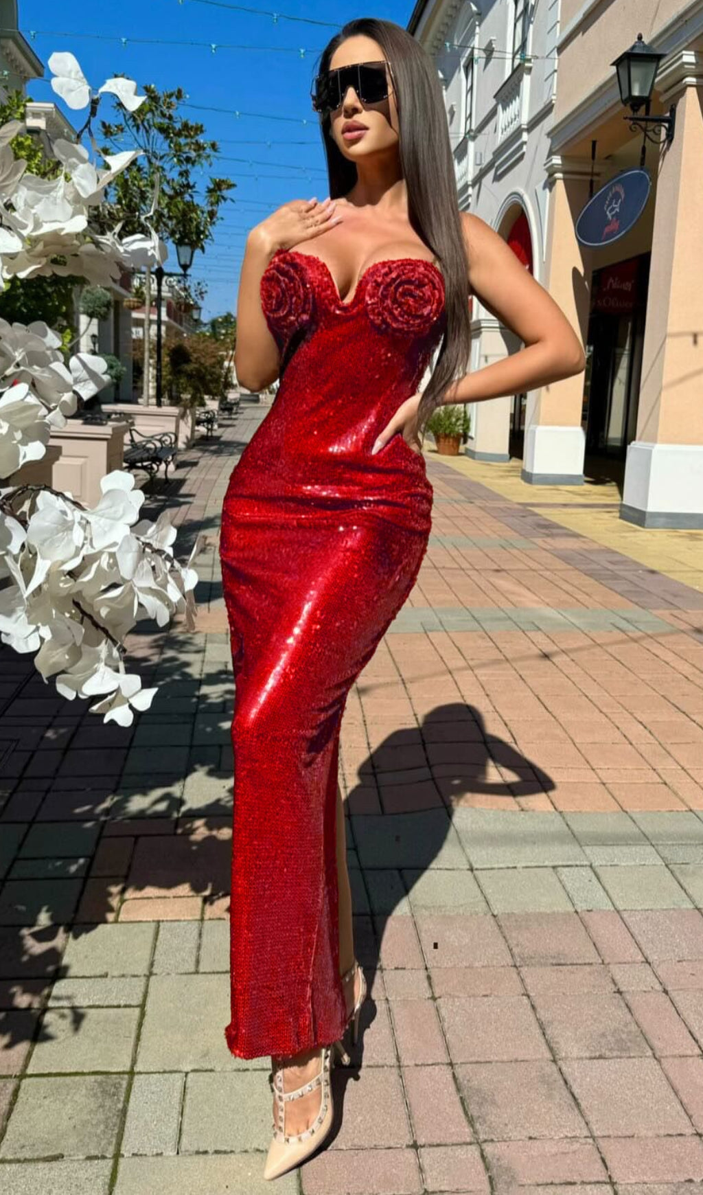 Aditi Glamour Bloom Red Sequin Maxi Dress