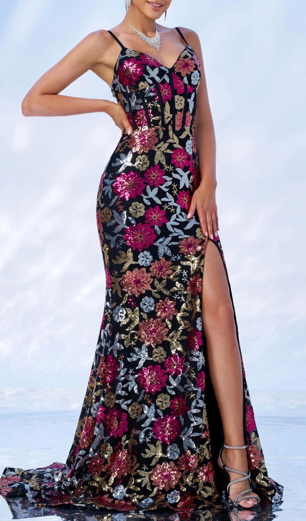 Fidelia Sequin Floral Corset Maxi Dress