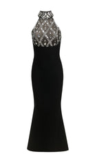 Iwao Black Halter Rhinestone Maxi Gown