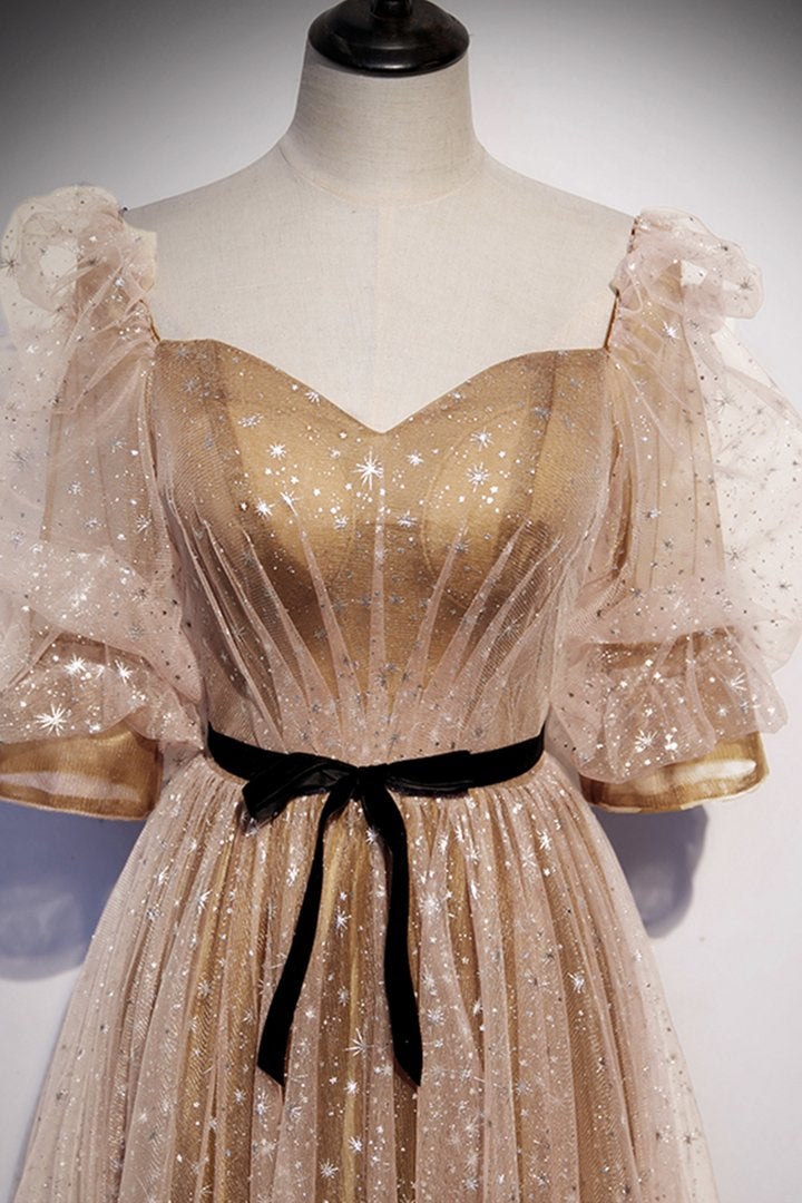 Vestido de fiesta largo de tul color champán 