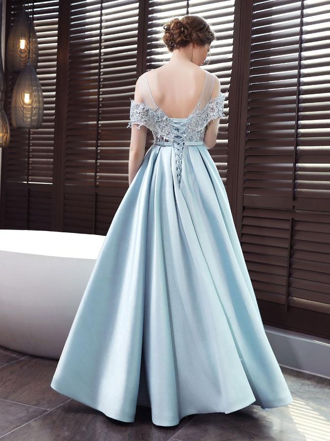 Blue Satin A-line Lace Off Shoulder Floor Length Party Dress