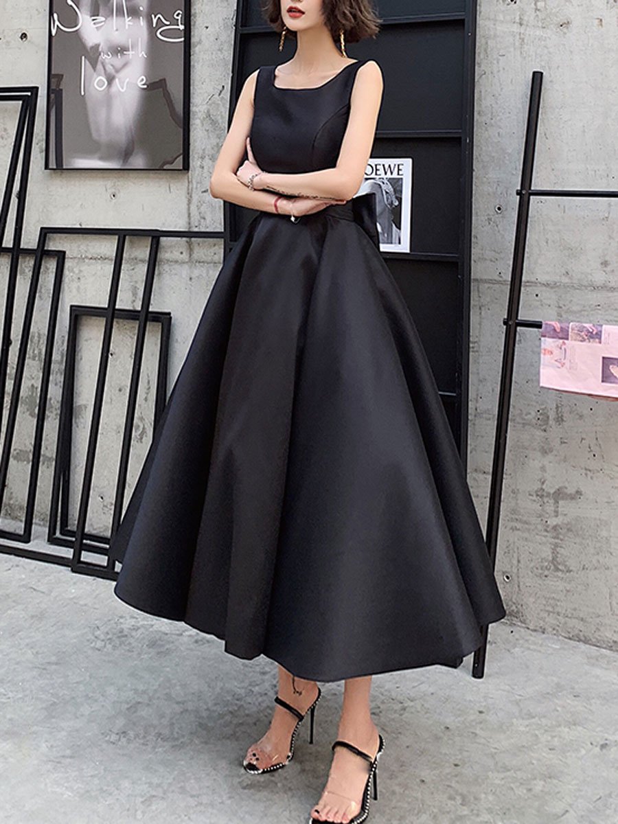 Black Satin Backless Tea Length Party Dress