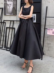 Black Satin Backless Tea Length Party Dress
