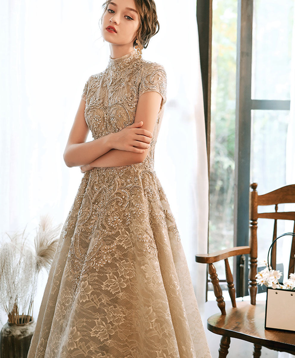 Champagne Lace High Low Short Sleeves Prom Dress