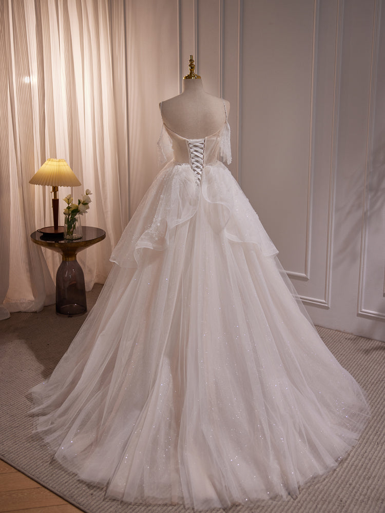 Vestido largo de fiesta de boda de tul con cuentas color marfil y corte A 