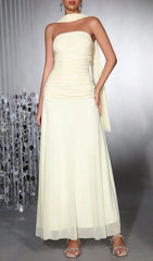 Hajar Elegant Strapless Ruched Mesh Maxi Dress