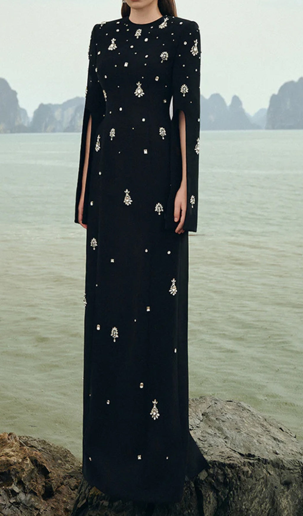 Davon Black Crystal Embellished Maxi Gown with Slit Sleeves