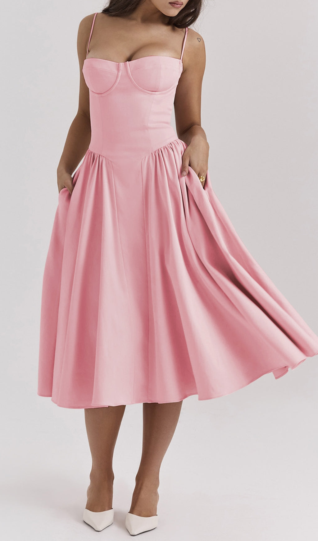 Dextra Pink Bustier Pleated Midi Dress