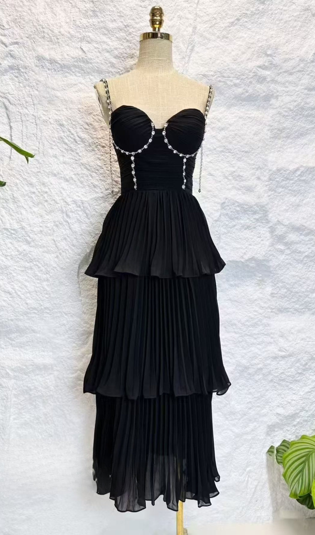 Sparkling Rhinestone Tiered Pleated Midi Dress