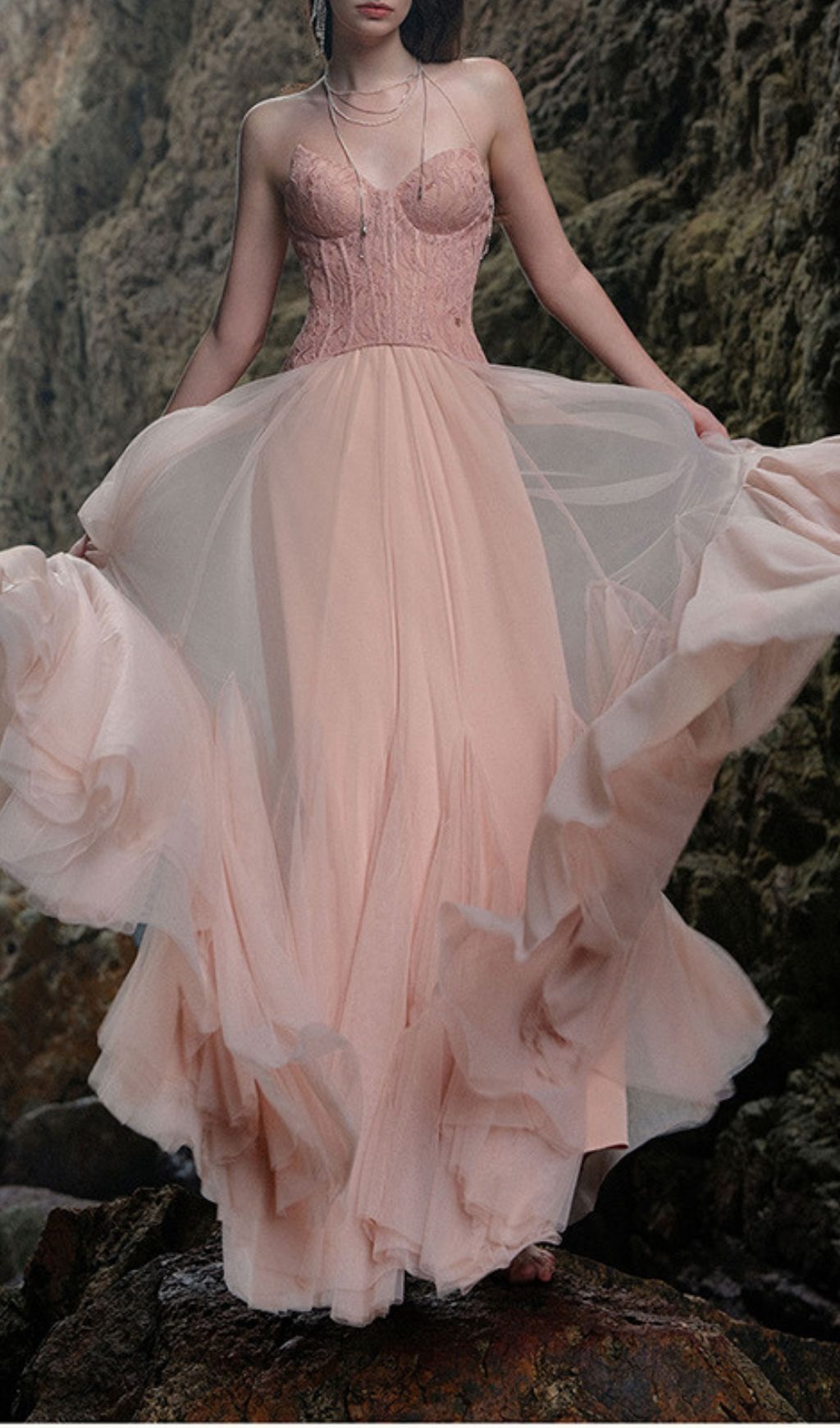 Finja Ethereal Blush Pink Strapless Corset Mesh Maxi Gown