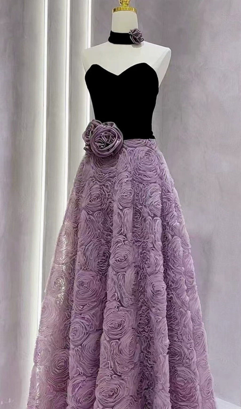 Elanie Strapless Velvet & Rose Formal Maxi Gown