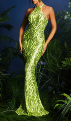 Lajita Dazzling Lime Green Sequin Halter Maxi Dress