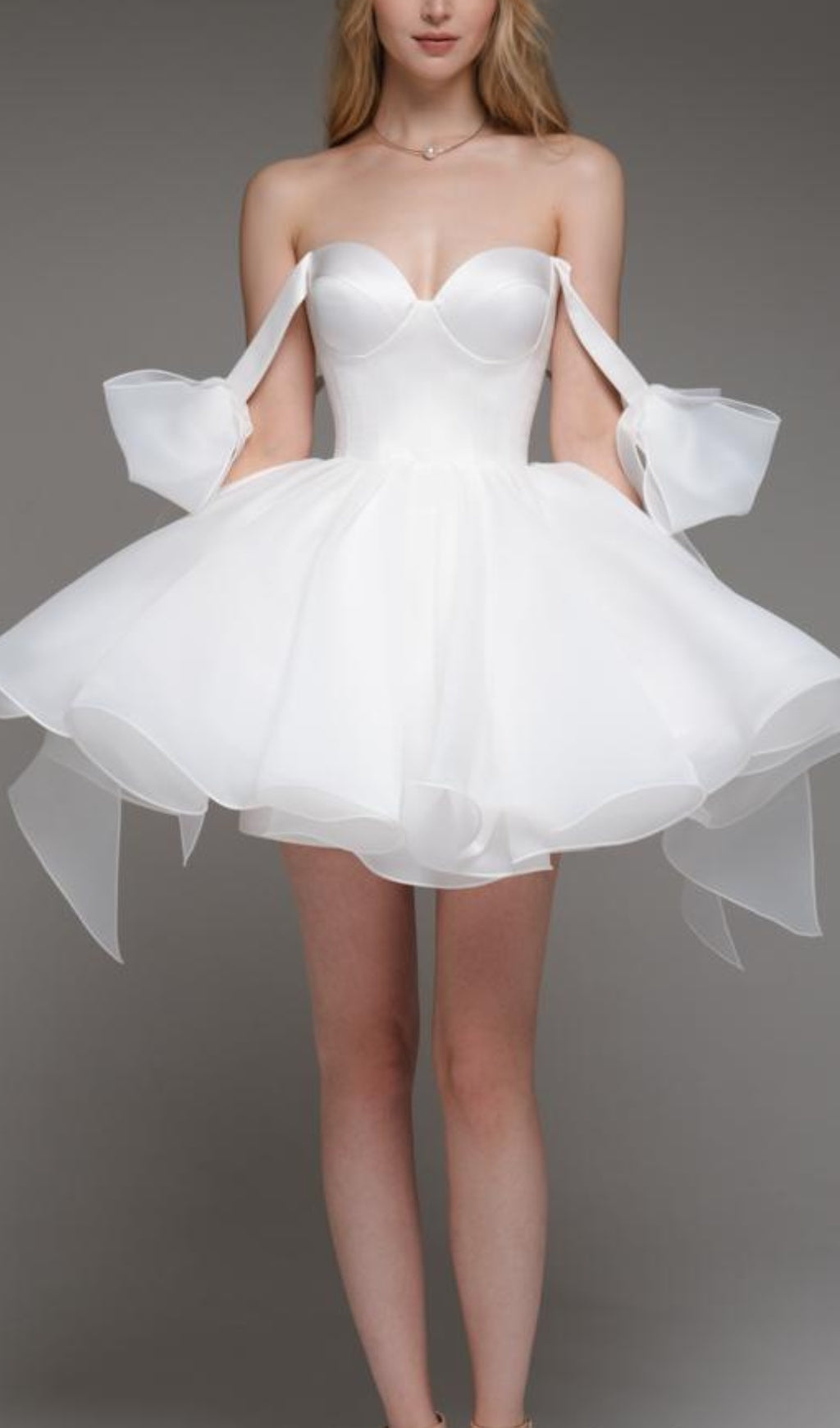 Aminta White Bow Shoulder Mini Dress