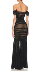 Glamorous Black Off-Shoulder Ruched Mesh Maxi Gown