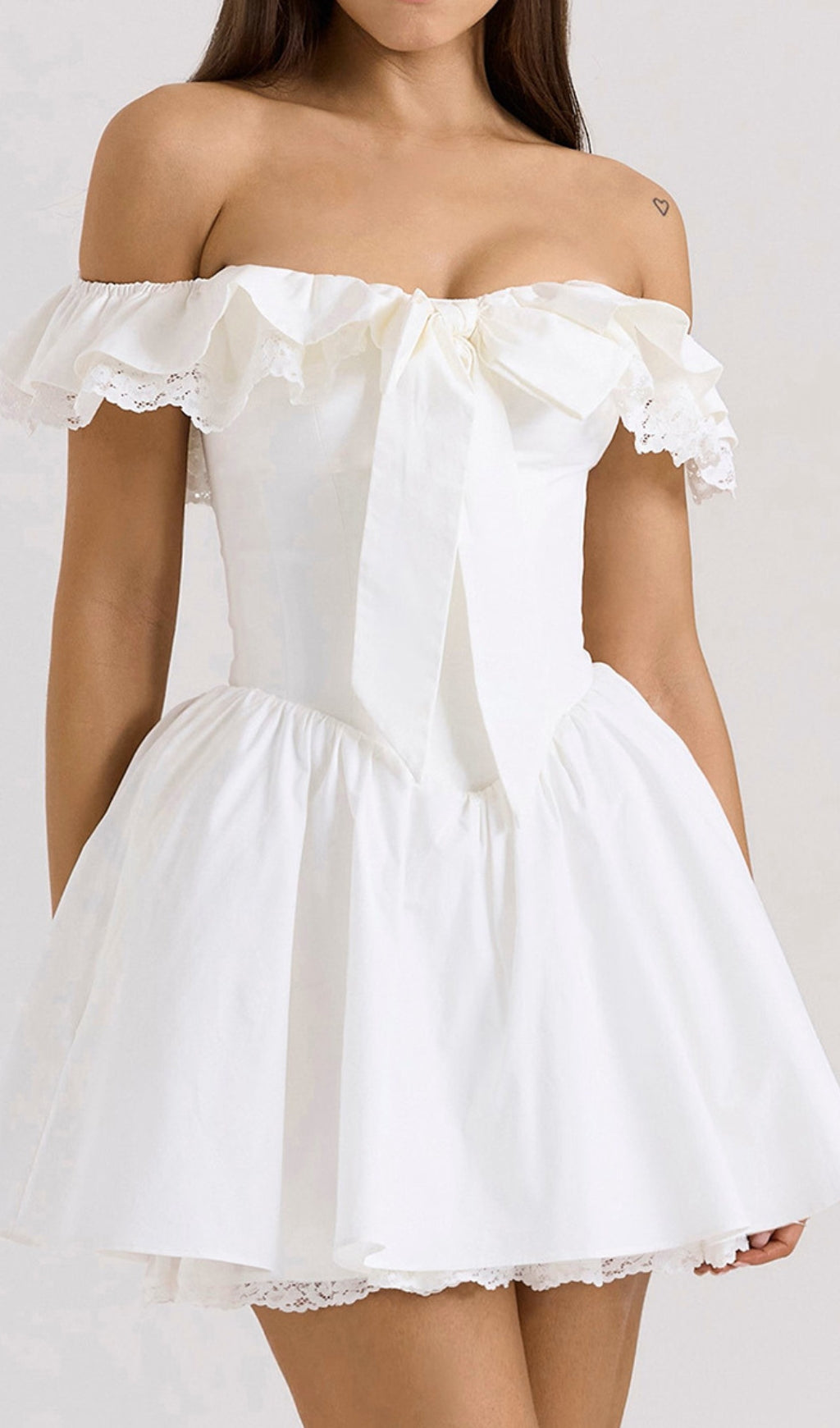 Devona Romantic White Off-Shoulder Bow Mini Dress with Lace Trim