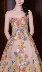 Enchanted Garden Strapless Floral Embroidered Tea Length Midi Dress