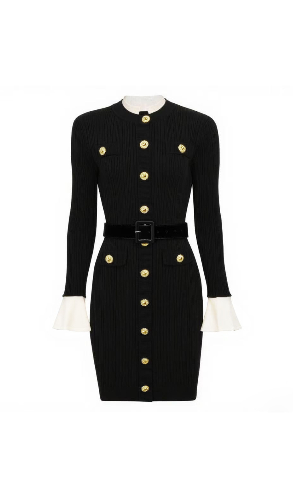 Chic Heather Knit Mini Dress with Gold Buttons & Belt