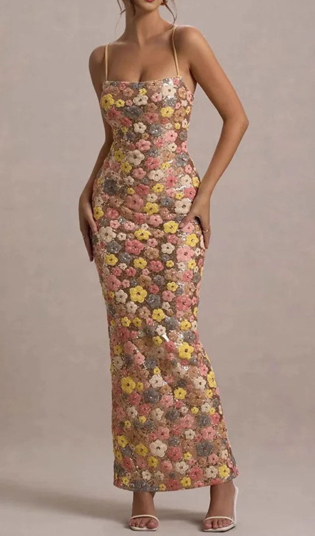 Gershon Elegant Floral Sequin Strappy Maxi Dress
