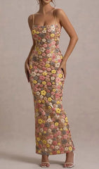 Gershon Elegant Floral Sequin Strappy Maxi Dress