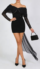 Jethro Black Off-Shoulder Mini Dress with Dramatic Bow & Sheer Train