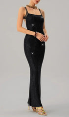 Jouncegrid Black Rhinestone Backless Maxi Dress