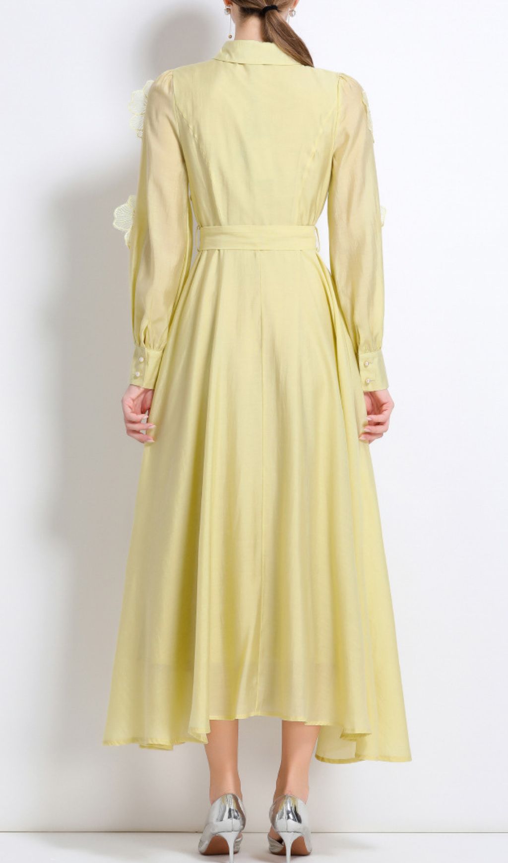 Holly Yellow Floral Appliqu Long Sleeve Midi Dress
