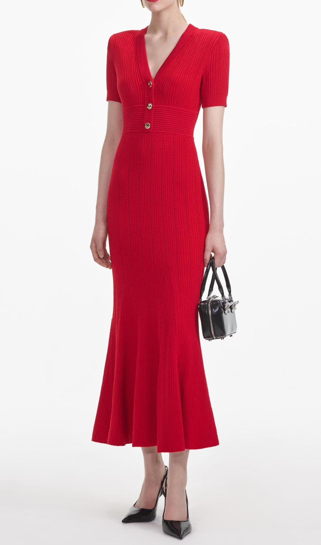 Chic & Flattering Red Pointelle Knit Midi Dress