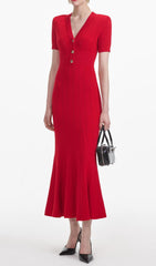 Chic & Flattering Red Pointelle Knit Midi Dress