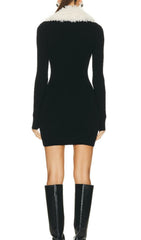 Aud Black Faux Shearling Collar Ribbed Knit Mini Dress