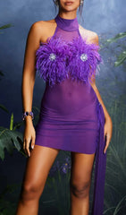 Aileen Showstopping Purple Feather Crystal Halter Mini Dress