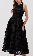 Blanche Black 3D Rose Floral Sleeveless Midi Dress